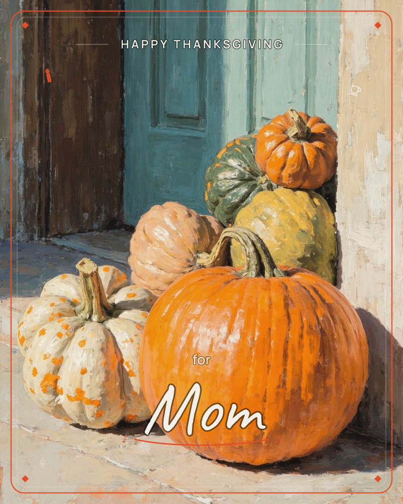 A cluster of pumpkins and gourds sits on a stone doorstep beside a weathered teal door, painted in loose, textured brushstrokes, a thanksgiving e-card design