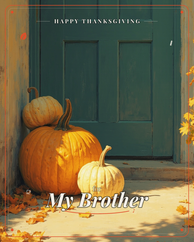 A trio of pumpkins, two orange and one pale cream, rests against a weathered teal door, with fallen maple leaves scattered across the sunlit stone step, a thanksgiving e-card design