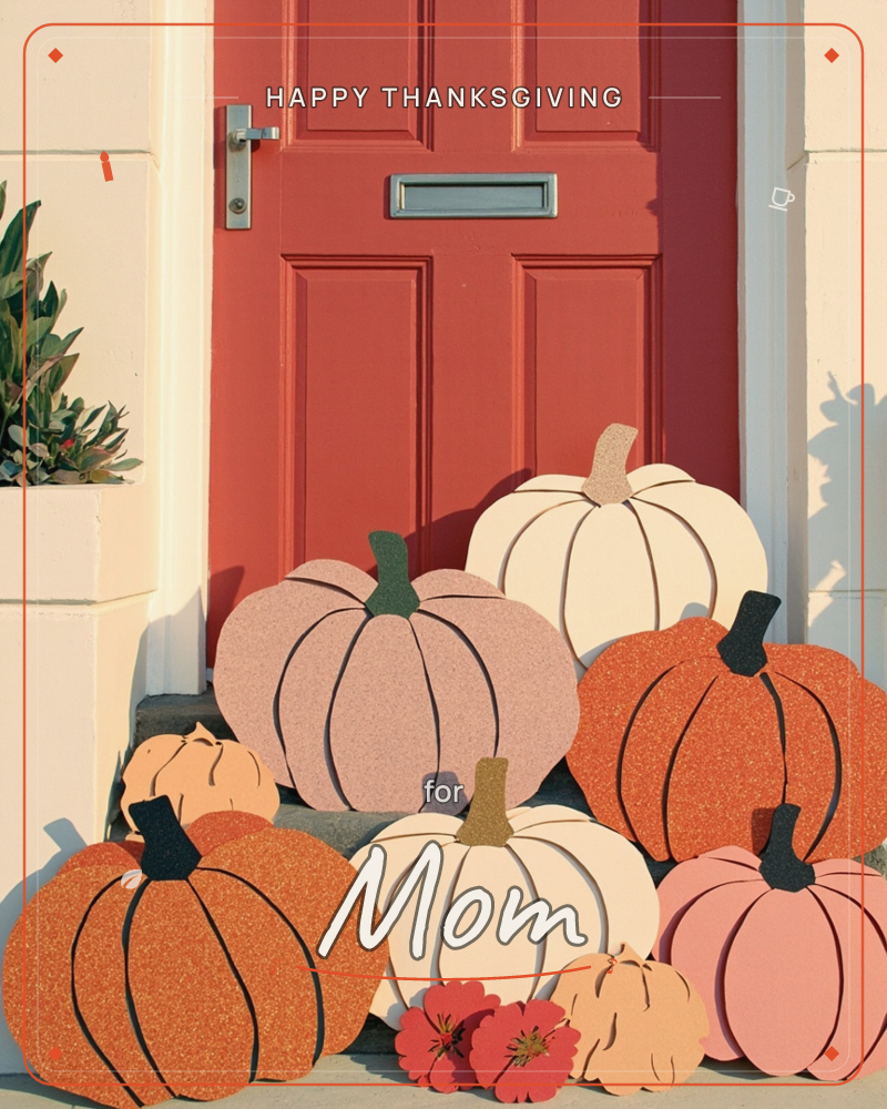 A cluster of paper-cut pumpkins in cream, blush, and burnt orange sits stacked on a doorstep against a red front door, with two small red flowers…, a thanksgiving e-card design