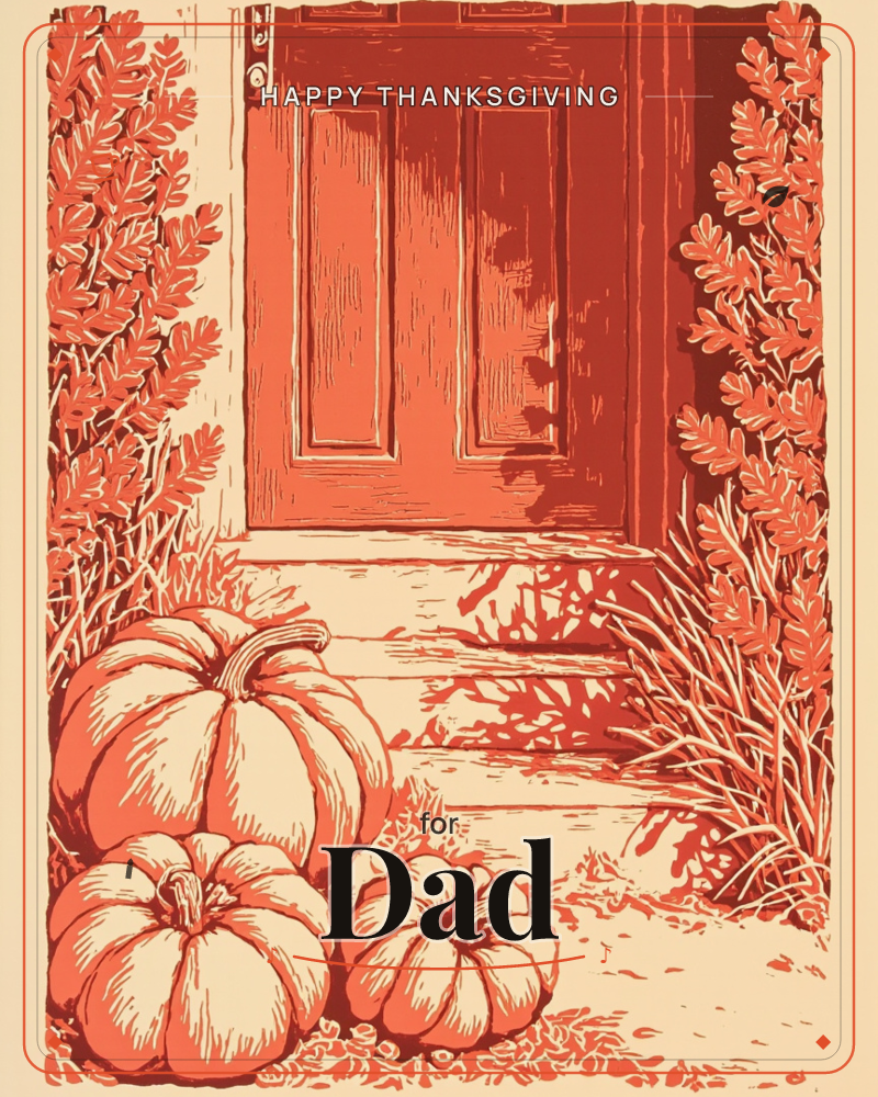 A front door glows in warm terracotta tones, its wooden steps scattered with fallen leaves and flanked by tall autumn foliage, a thanksgiving e-card design