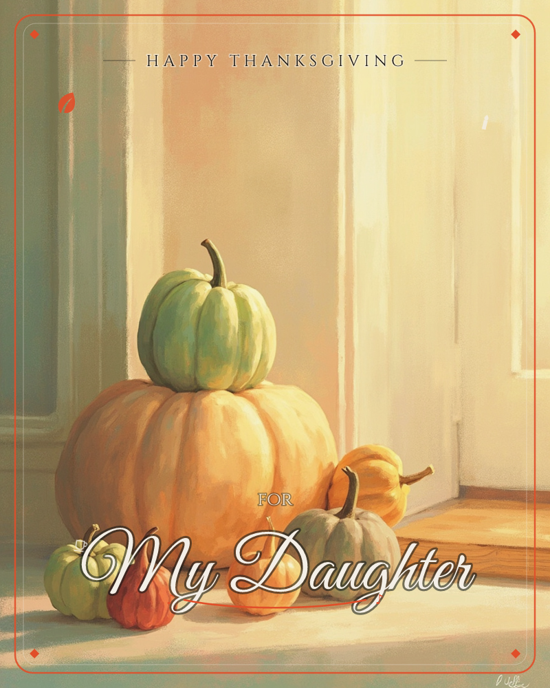 A stacked pair of pumpkins, a soft sage-green one balanced atop a larger orange one, stands beside a scattered cluster of smaller gourds on a sunlit…, a thanksgiving e-card design