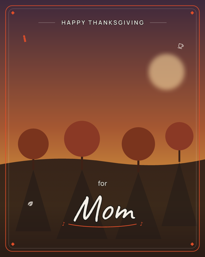 A row of four rounded trees stands along a gentle dark hillside beneath a glowing full moon, its light softly blurred against a gradient sky of deep…, a thanksgiving e-card design by @DittyCityTeam