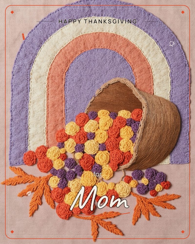 A felt appliqué rainbow in lavender, cream and terracotta arches over a woven-look horn spilling embroidered flowers in rust, mustard and purple, a thanksgiving e-card design