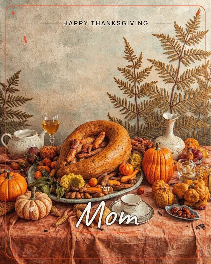 A rustic autumn tablescape spreads across a rumpled terracotta cloth, centred on a ring-shaped loaf piled with roasted roots and carrots on a pewter…, a thanksgiving e-card design