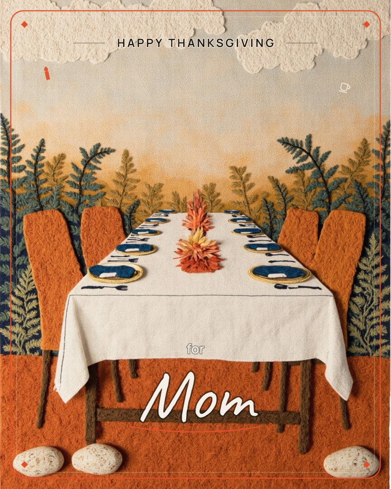A textured fabric-art illustration shows a long dinner table set for eight, dressed in white linen with navy plates and gold placemats, a burst of…, a thanksgiving e-card design