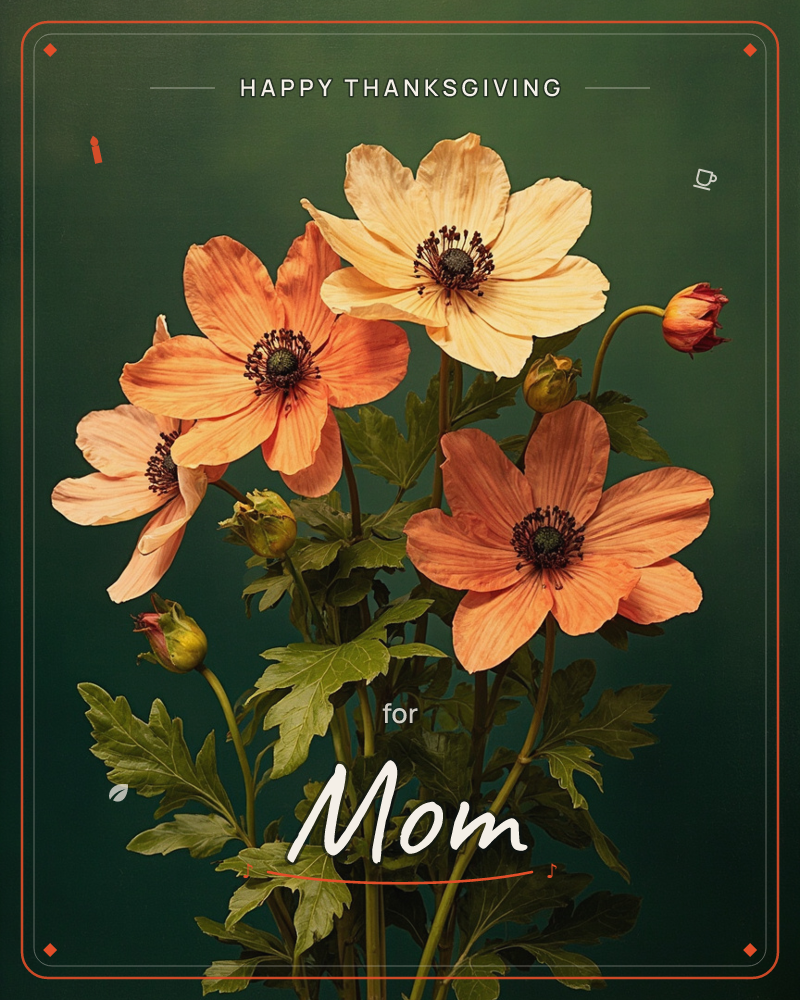 A cluster of apricot and coral anemones opens against a deep, moody green backdrop, their dark centres like small studded buttons, a thanksgiving e-card design