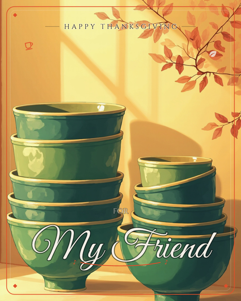 Two stacks of glossy teal ceramic bowls with gold-rimmed edges sit against a warm amber wall, sunlight slanting across them in a sharp diagonal beam, a thanksgiving e-card design