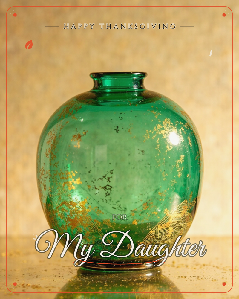 A round-bellied emerald glass vase sits alone against a mottled gold backdrop, its surface flecked and speckled with metallic gold leaf and etched with…, a thanksgiving e-card design