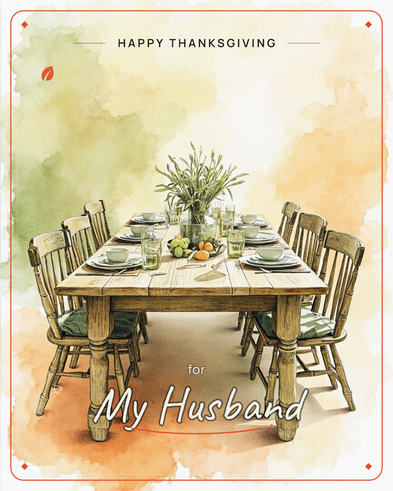 A long wooden farmhouse table is set for a gathering, with six spindle-back chairs pulled up around it and a glass vase of tall green stems as the…, a thanksgiving e-card design