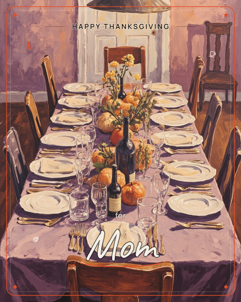 A long dining table is set for a large gathering, draped in a mauve cloth and lined with empty white plates, gold cutlery and wine glasses down both sides, a thanksgiving e-card design