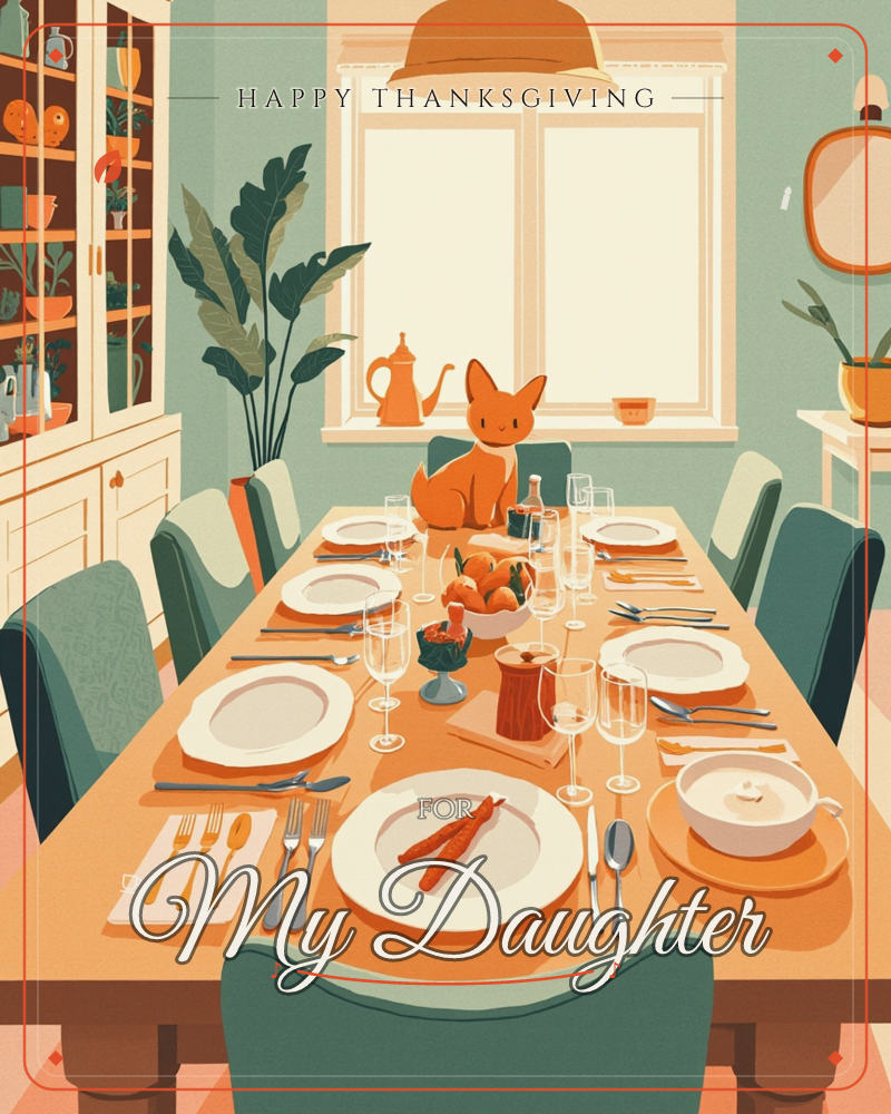 A dining room glows in warm orange light, its long wooden table set for a family meal with white plates, glinting glassware and a bowl of fruit, while…, a thanksgiving e-card design