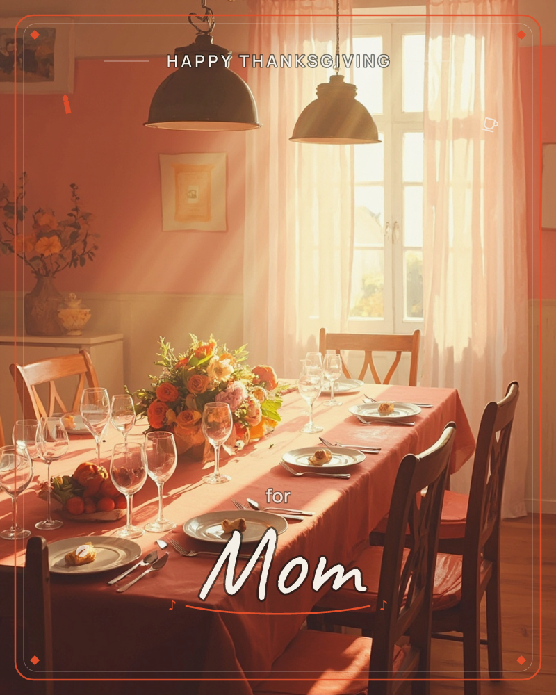 A long dining table is dressed in a warm terracotta cloth and set for a gathering, with wine glasses, place settings, and a low centrepiece of orange…, a thanksgiving e-card design