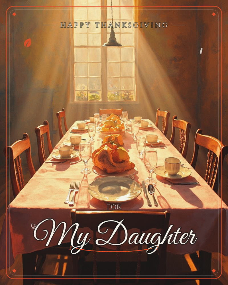 A long dining table is set for a feast, draped in a soft pink cloth and lined with wooden chairs on either side, a thanksgiving e-card design