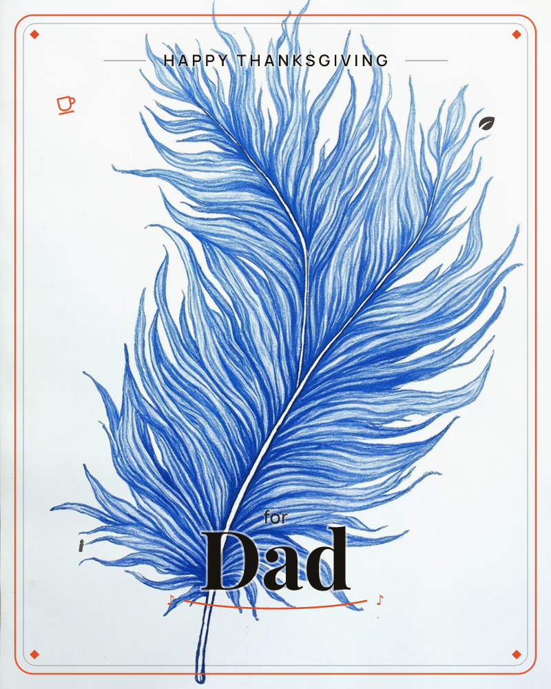 A single large feather is rendered in fine blue linework against a plain white background, its barbs drawn as countless fine, feathered strokes that…, a thanksgiving e-card design