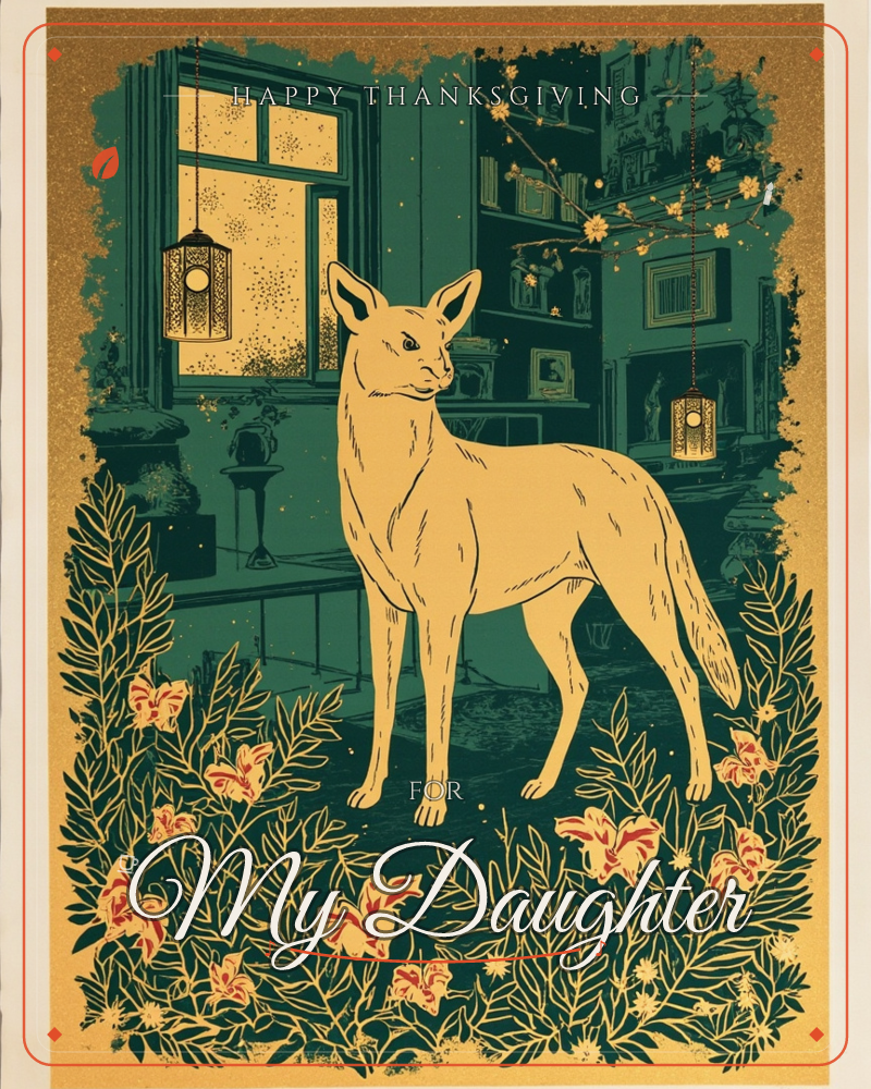 A pale golden fox stands amid a border of feathery ferns and blooming flowers, set against a teal interior of shelved books, hanging lanterns, and a…, a thanksgiving e-card design