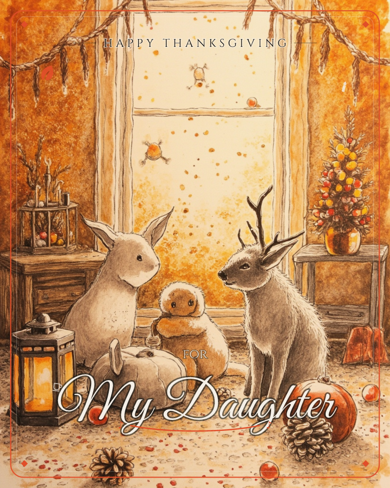 A cosy autumn room glows in amber light as three whimsical creatures gather by a tall window strung with dried garlands, a soft rabbit, a round furry…, a thanksgiving e-card design