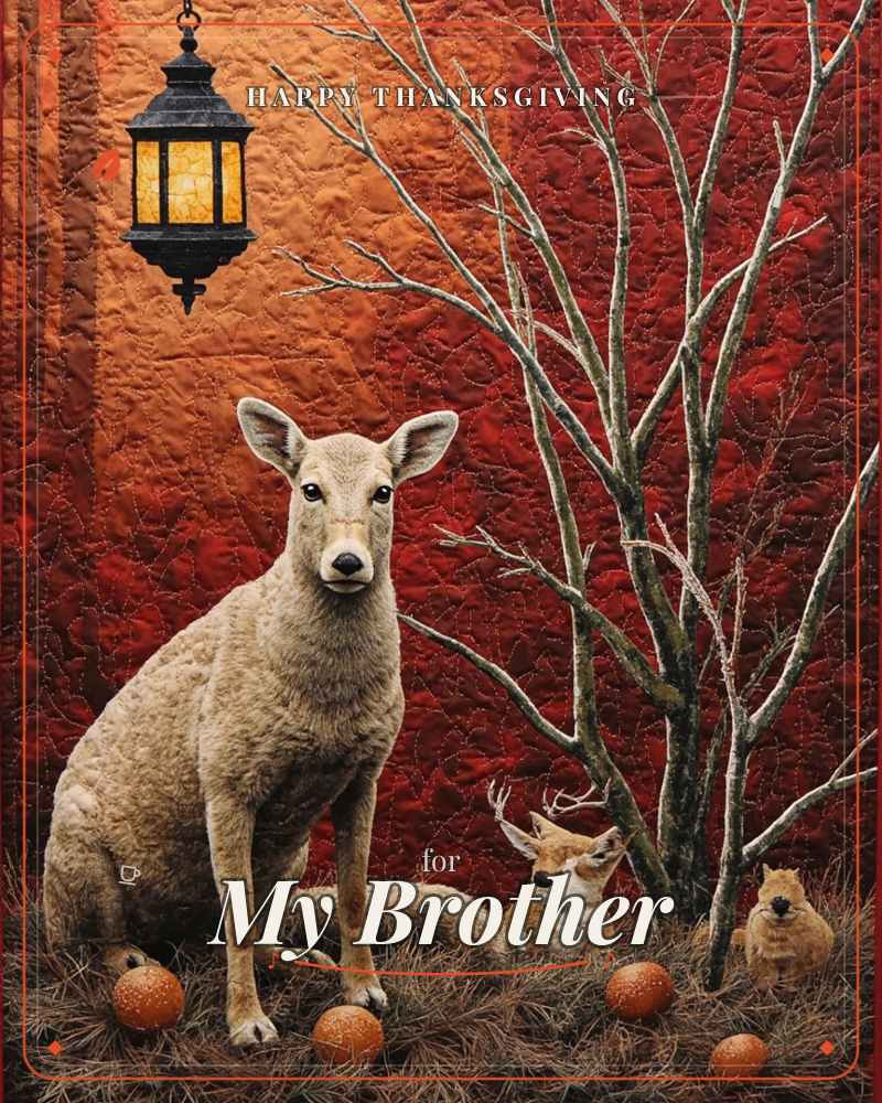 A textured quilted illustration shows a pale deer sitting watchfully beside bare, spindly branches, with a small fawn and a squirrel-like creature…, a thanksgiving e-card design