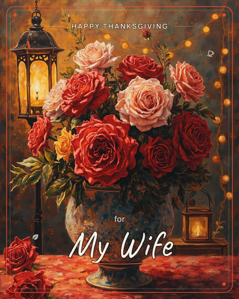 A weathered blue-glazed urn overflows with red, coral and blush roses, set on a rich red cloth beside a lit iron lantern and a small candle box, a thanksgiving e-card design