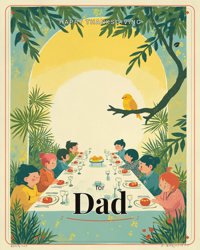 A long white table stretches beneath a glowing arched sun, framed by leafy branches and tropical fronds, a thanksgiving e-card design