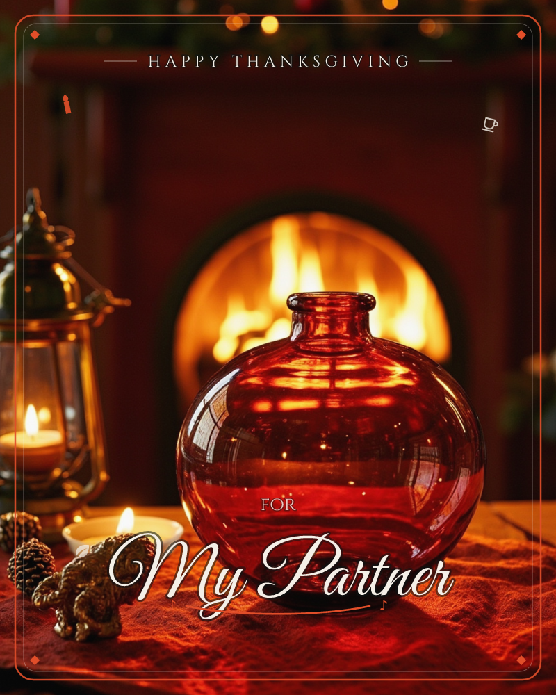 A round red glass vase glows on a rumpled table runner in front of a lit fireplace, its curved surface catching the flames behind it, a thanksgiving e-card design