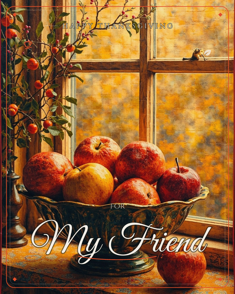 A weathered fluted bowl brims with red and gold apples on a wooden windowsill, one apple set apart on the ledge below, a thanksgiving e-card design