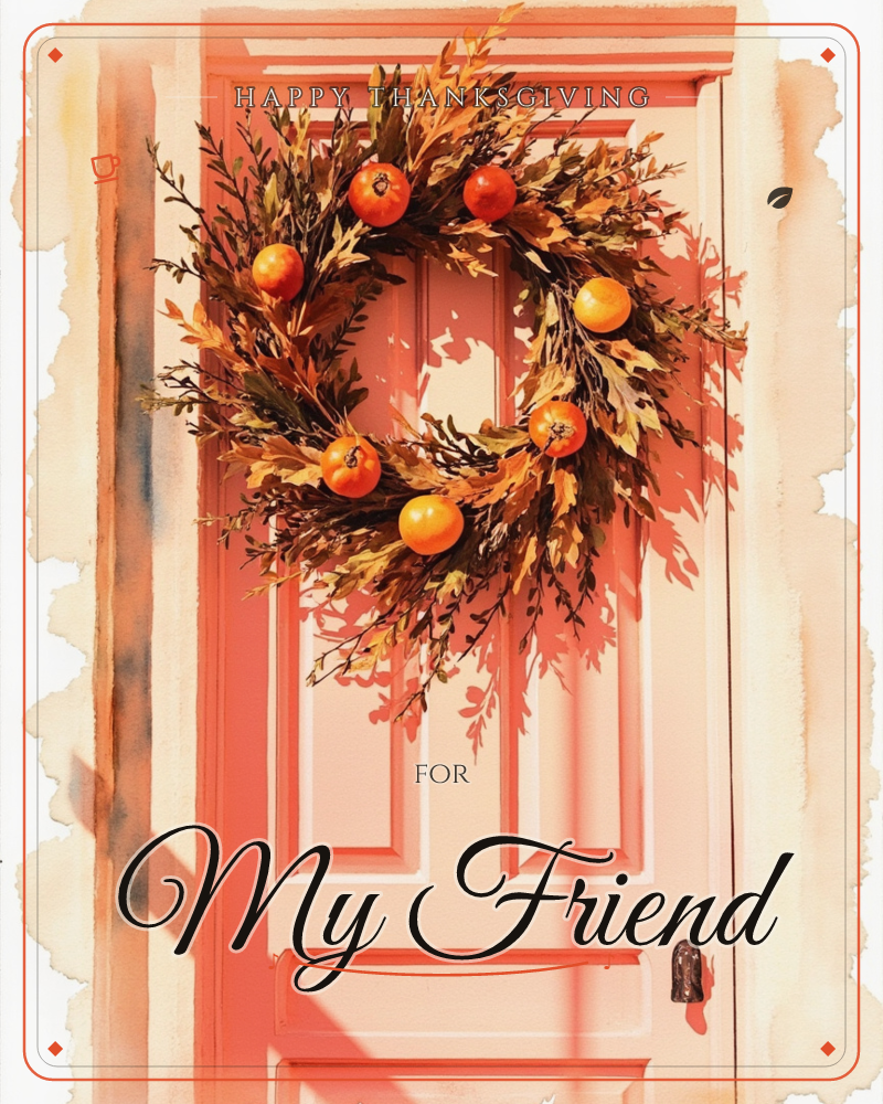 A painted coral-pink front door holds a rustic autumn wreath of dried leaves and small orange pumpkins, sunlight slanting sharply across the panels, a thanksgiving e-card design