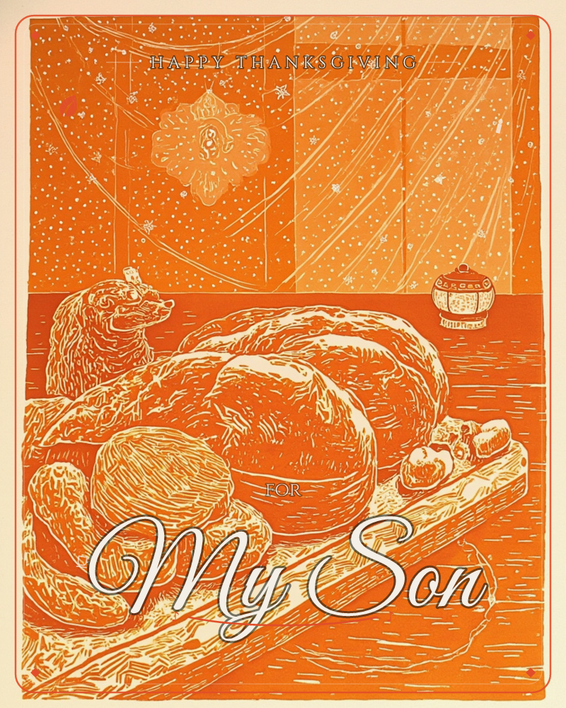 A monochrome orange linocut shows a wooden board piled high with rounds of bread and bread rolls, set before a starry patterned backdrop and a small…, a thanksgiving e-card design