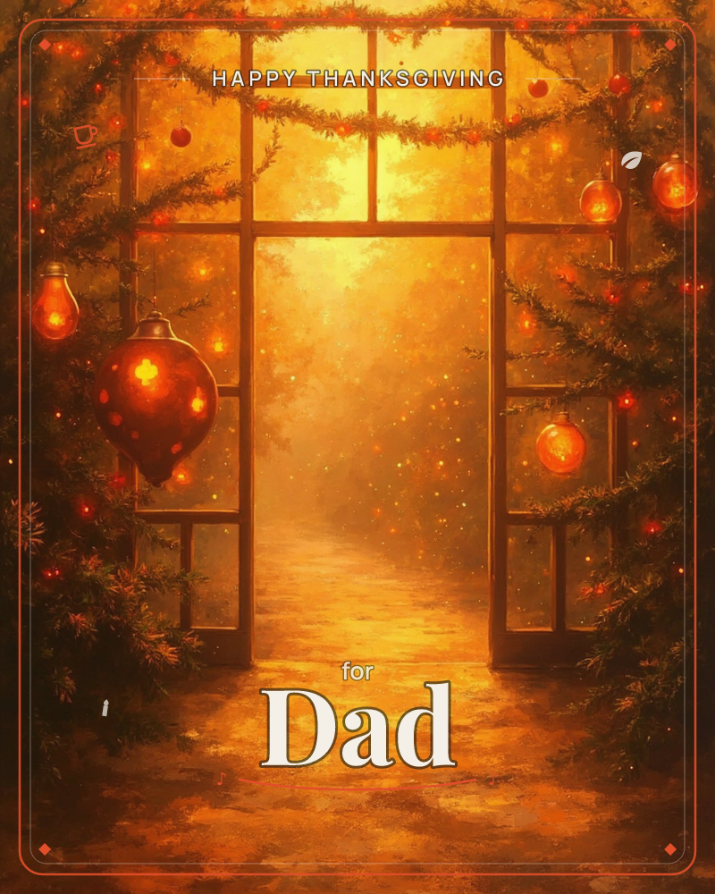 A glowing doorway framed by evergreen branches opens onto a misty, golden path beyond, with glass ornaments and warm lantern-lights hanging from the…, a thanksgiving e-card design