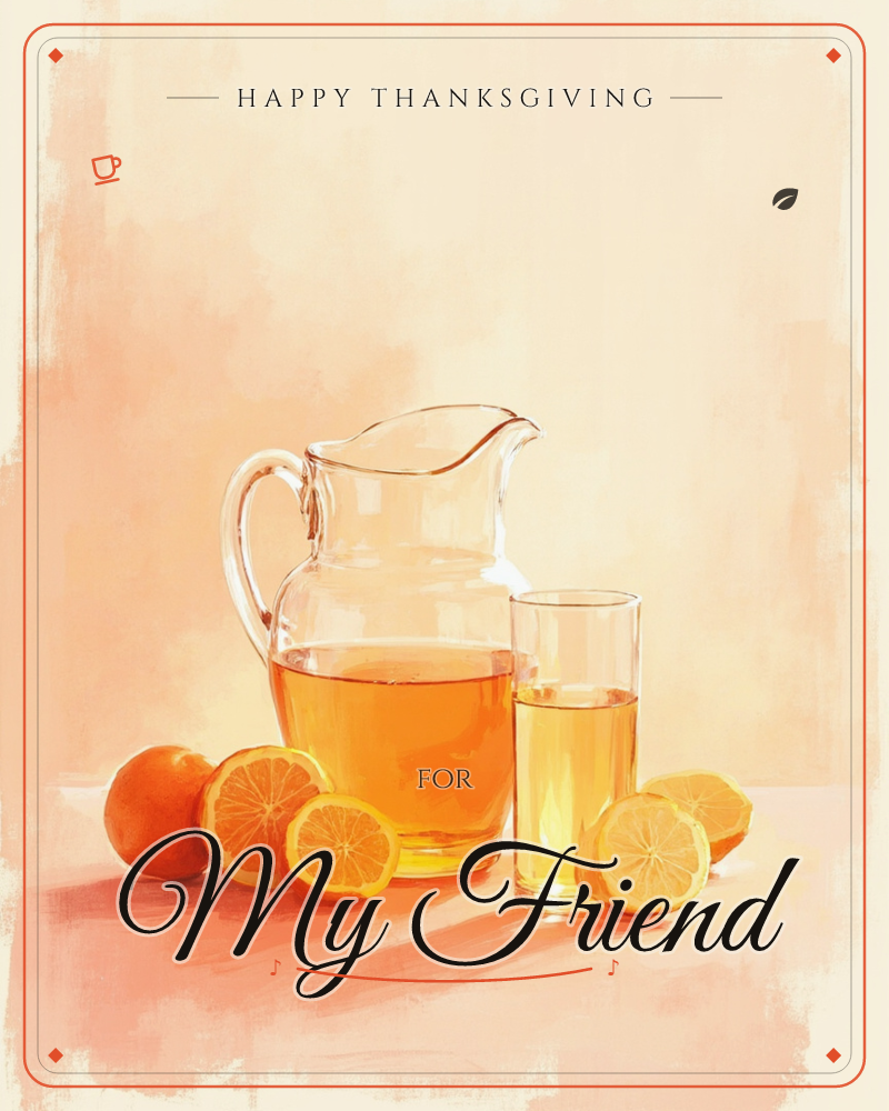A glass pitcher and tall glass of orange juice sit on a warm peach tabletop, surrounded by whole and sliced oranges, a thanksgiving e-card design