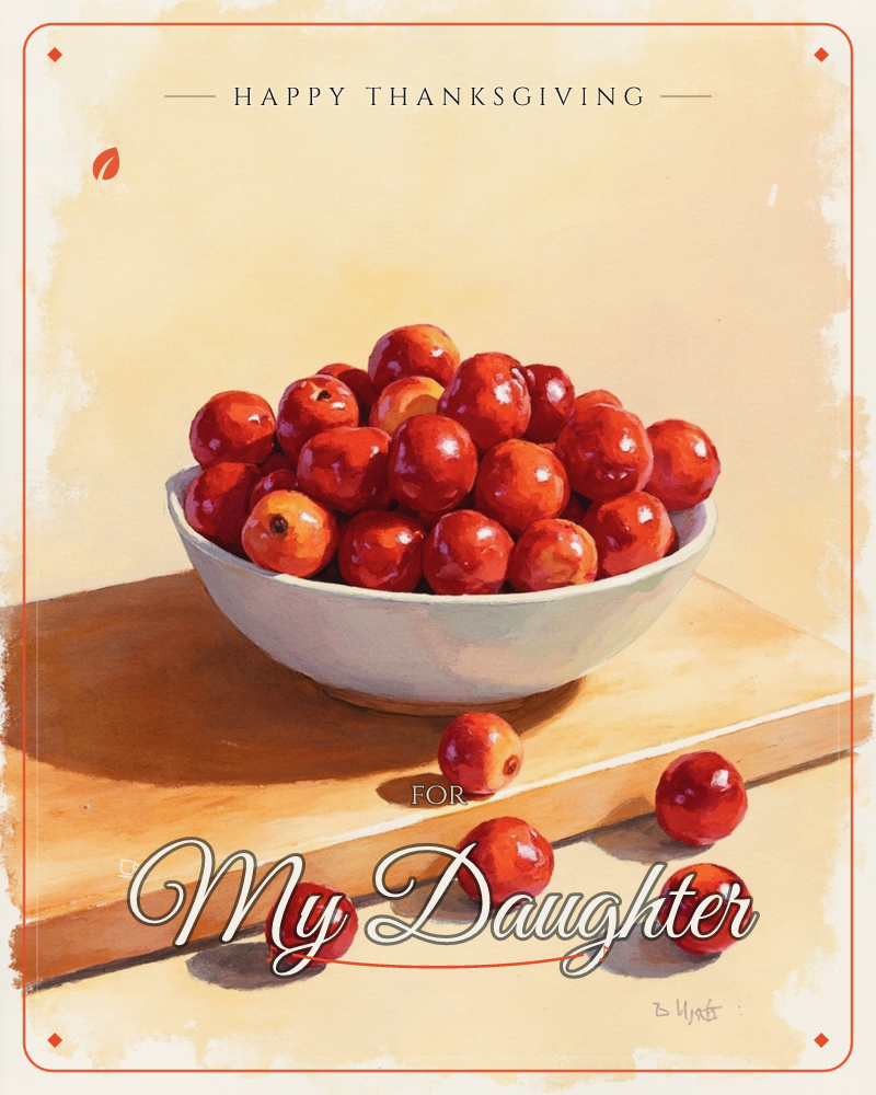 A white ceramic bowl sits piled high with glossy red cherries on a wooden cutting board, a few loose cherries scattered across the surface and floor below, a thanksgiving e-card design