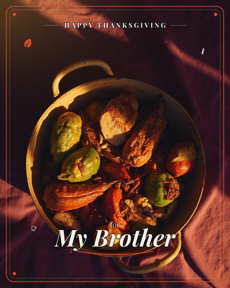 A weathered pot sits on deep maroon fabric, filled with roasted vegetables catching low golden light, charred chayote squash, blistered peppers, and…, a thanksgiving e-card design
