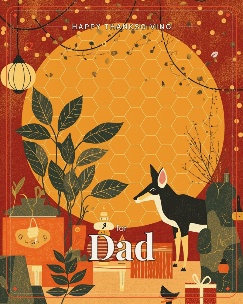 A stylised illustration in warm reds and ochre shows a deer standing before a giant honeycomb-patterned moon, surrounded by potted plants, lanterns…, a thanksgiving e-card design