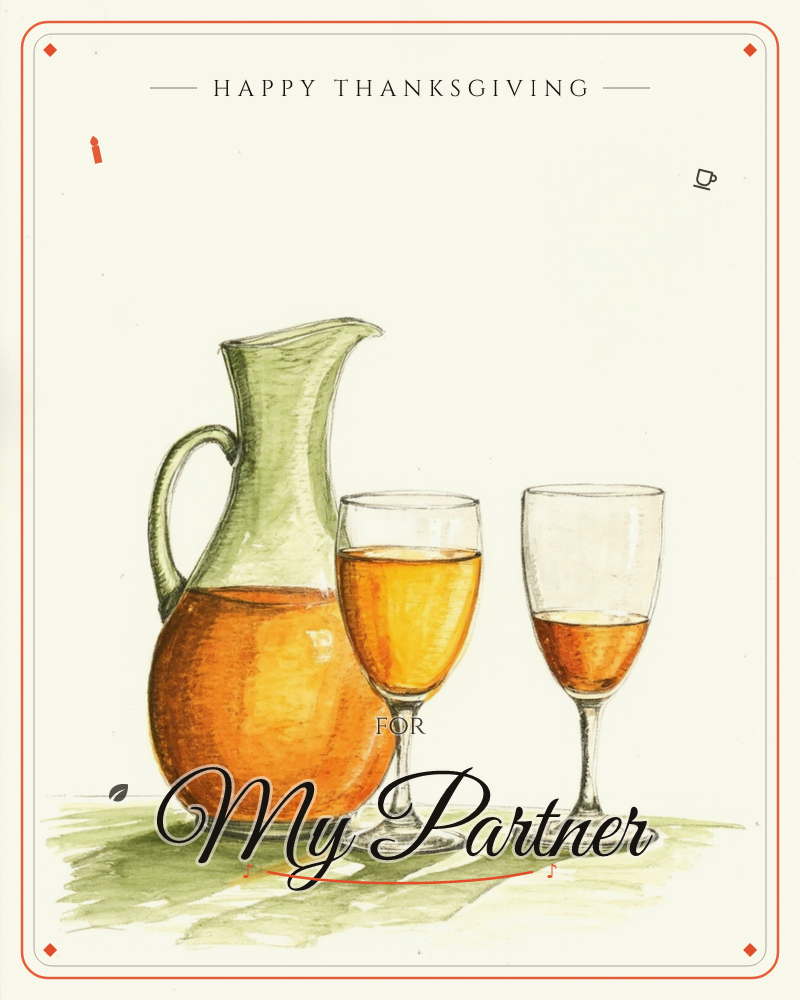 A still life of a rounded glass pitcher filled with amber juice or wine, standing beside two stemmed glasses poured to different levels, all rendered…, a thanksgiving e-card design