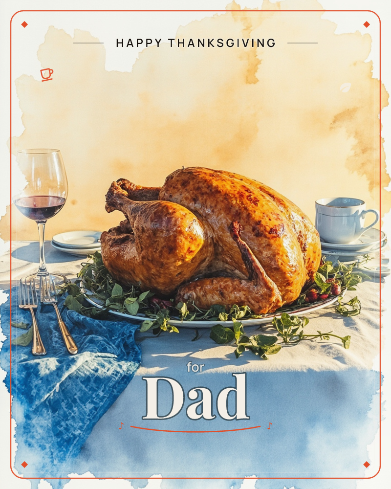 A golden roasted turkey rests on a platter ringed with fresh herb sprigs and berries, set on a white linen tablecloth beside a glass of red wine and a…, a thanksgiving e-card design