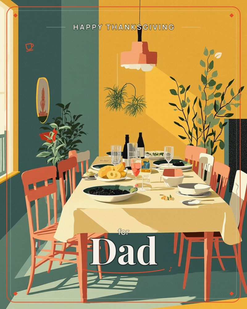 A dining room glows in mustard yellow and teal, sunlight streaming through a window onto a long table set for a gathering, a thanksgiving e-card design