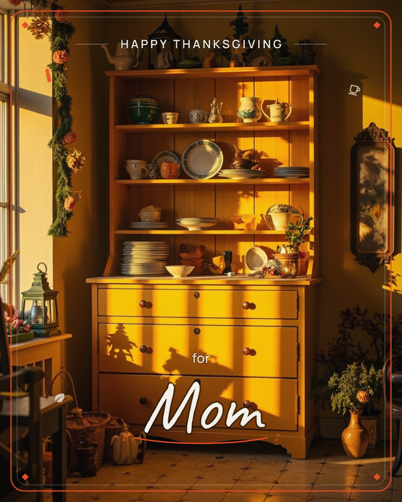 A wooden hutch cupboard glows amber in low winter sunlight, its shelves lined with mismatched plates, jugs and teapots, while a pine garland trails…, a thanksgiving e-card design