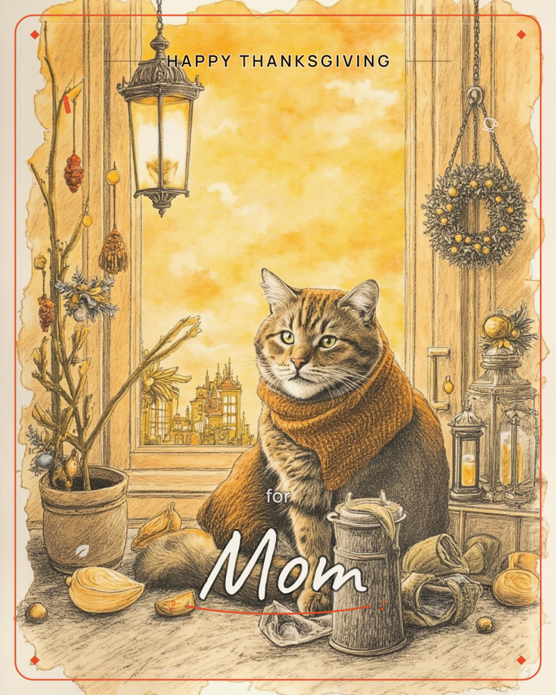 A tabby cat sits on a windowsill wrapped in a knitted scarf, gazing out at a golden, glowing sky above a distant townscape, a thanksgiving e-card design