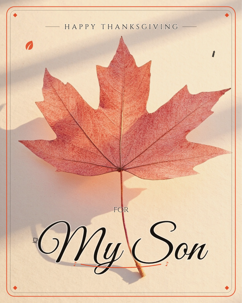 A single dried maple leaf, its edges curling and its surface a soft rust-red laced with fine veins, rests on a warm cream paper background, a thanksgiving e-card design