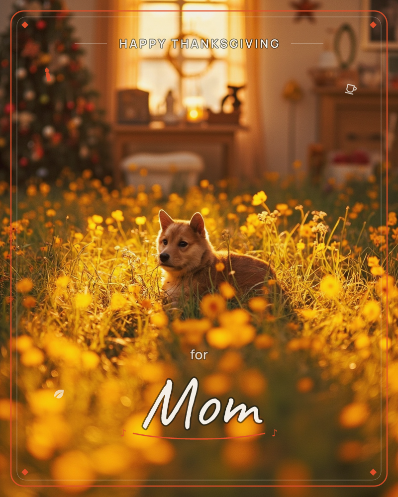A young fox-like puppy sits low in a sea of golden yellow wildflowers, its ears perked toward the camera, while a warmly lit living room glows softly…, a thanksgiving e-card design