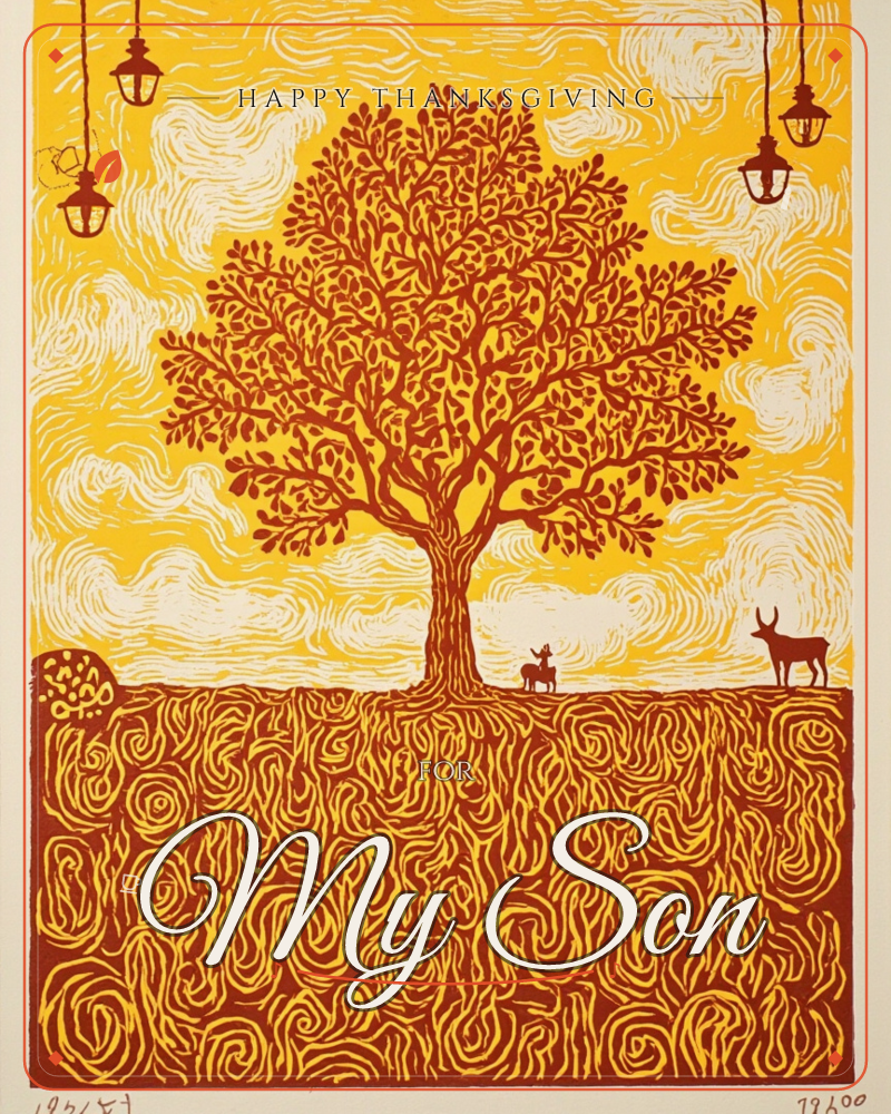 A bold linocut print shows a single rust-red tree spreading wide over swirling golden ground, its roots and soil rendered as looping, hypnotic patterns…, a thanksgiving e-card design