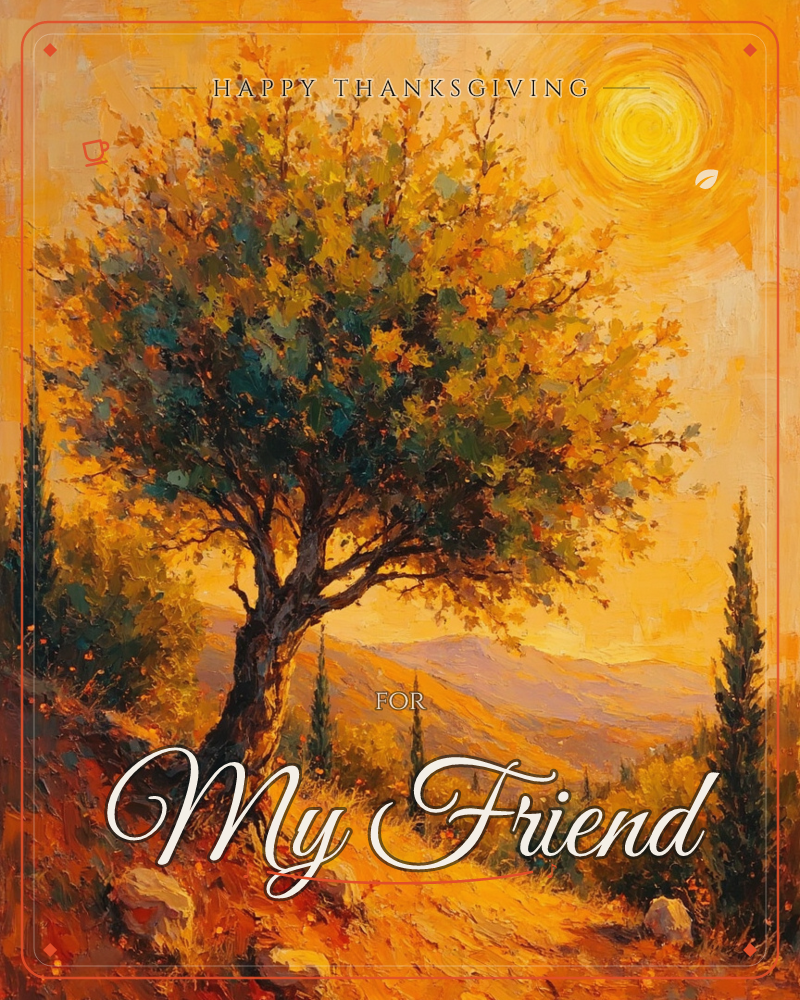 A single gnarled tree stands on a golden hillside, its leaves painted in thick strokes of teal and amber, with slender cypress trees flanking it on…, a thanksgiving e-card design