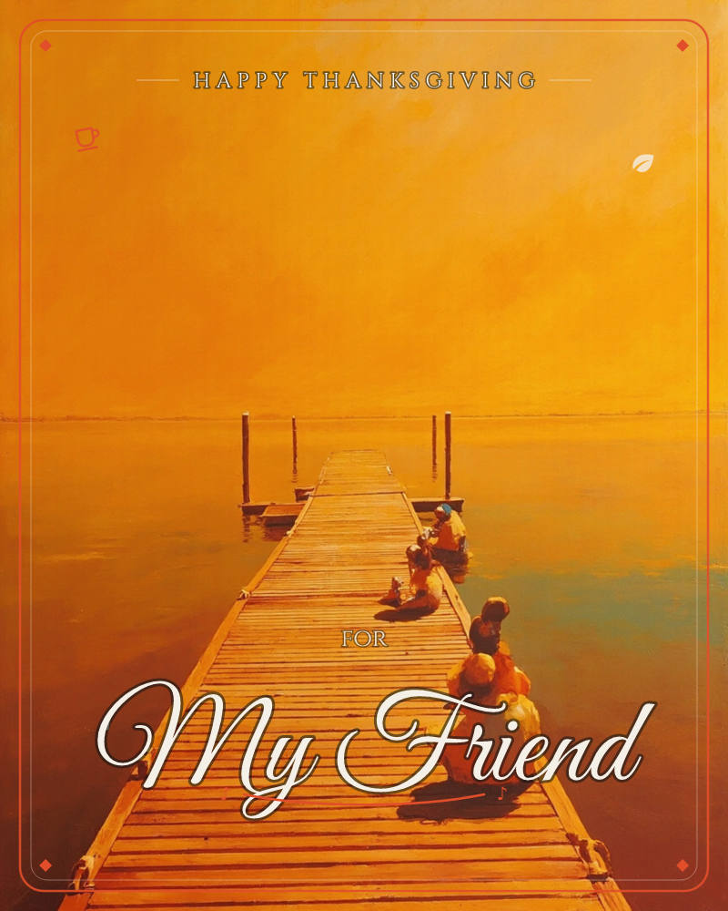 A long wooden pier stretches out into calm water under a sky glowing entirely orange, with two figures seated near its edge gazing out toward the horizon, a thanksgiving e-card design
