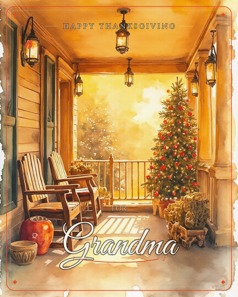 A covered porch glows in warm lamplight, with two wooden rocking chairs facing a railing draped in evening haze, a thanksgiving e-card design