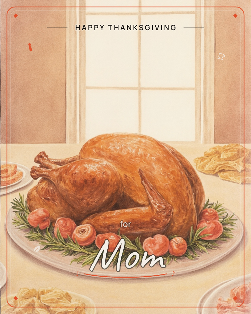 A roasted turkey sits golden-brown on a large platter, ringed with sprigs of rosemary and small roasted tomatoes or onions, a thanksgiving e-card design