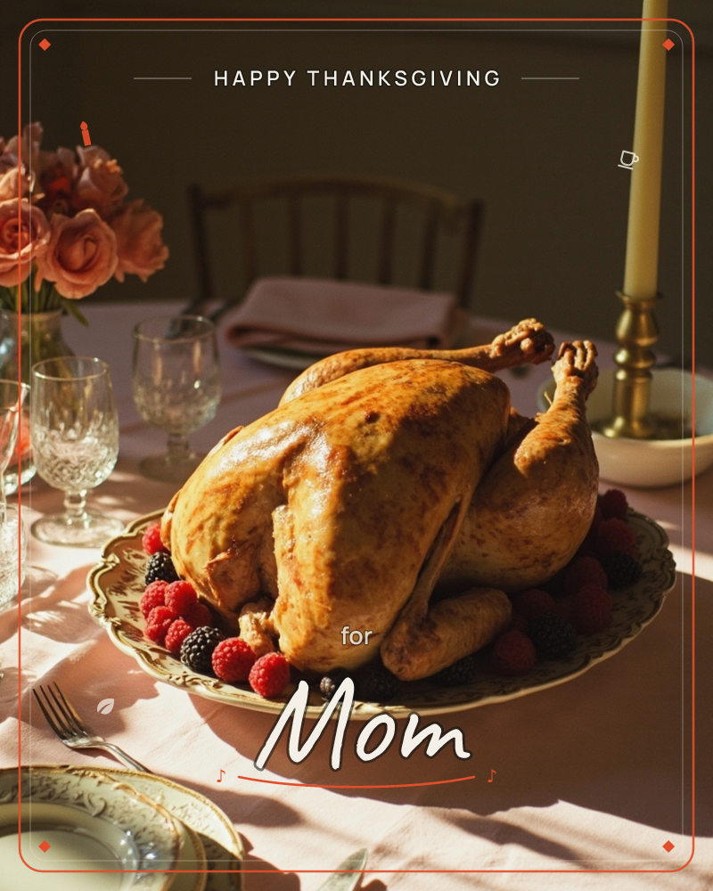 A golden roast turkey rests on a patterned platter, ringed with raspberries and blackberries, at the centre of a sunlit holiday table, a thanksgiving e-card design