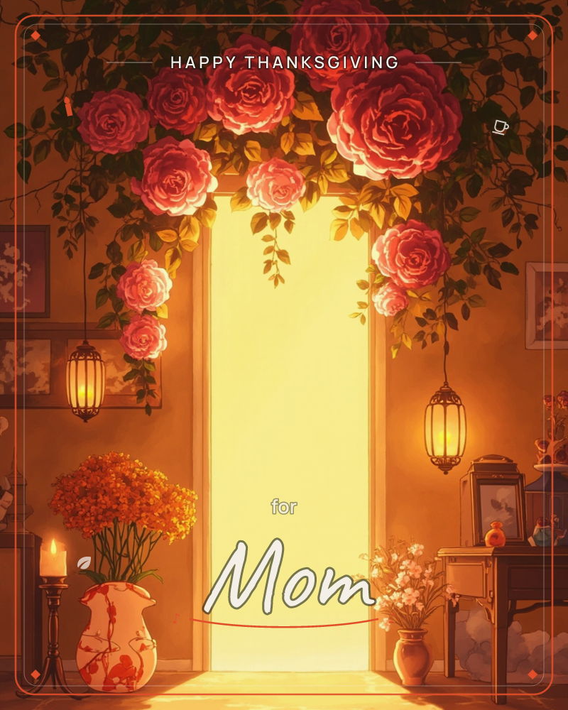 A glowing doorway is framed by an arch of deep pink and blush roses trailing dark green leaves, flanked by two lit lantern sconces, a thanksgiving e-card design