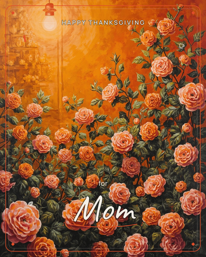 A wild tangle of full-blown roses climbs across a glowing amber background, lit by a single old-fashioned street lamp glimmering in the upper corner, a thanksgiving e-card design