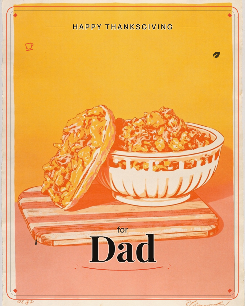 A screenprint-style still life glows in a single sunset palette of orange, gold and pink: a fluted white bowl heaped with popcorn or granola sits on a…, a thanksgiving e-card design