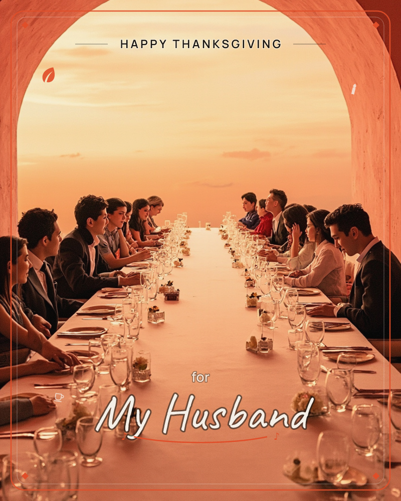 A long banquet table stretches through a whitewashed archway toward a glowing sunset sky, with two rows of guests seated in formal dress facing each other, a thanksgiving e-card design
