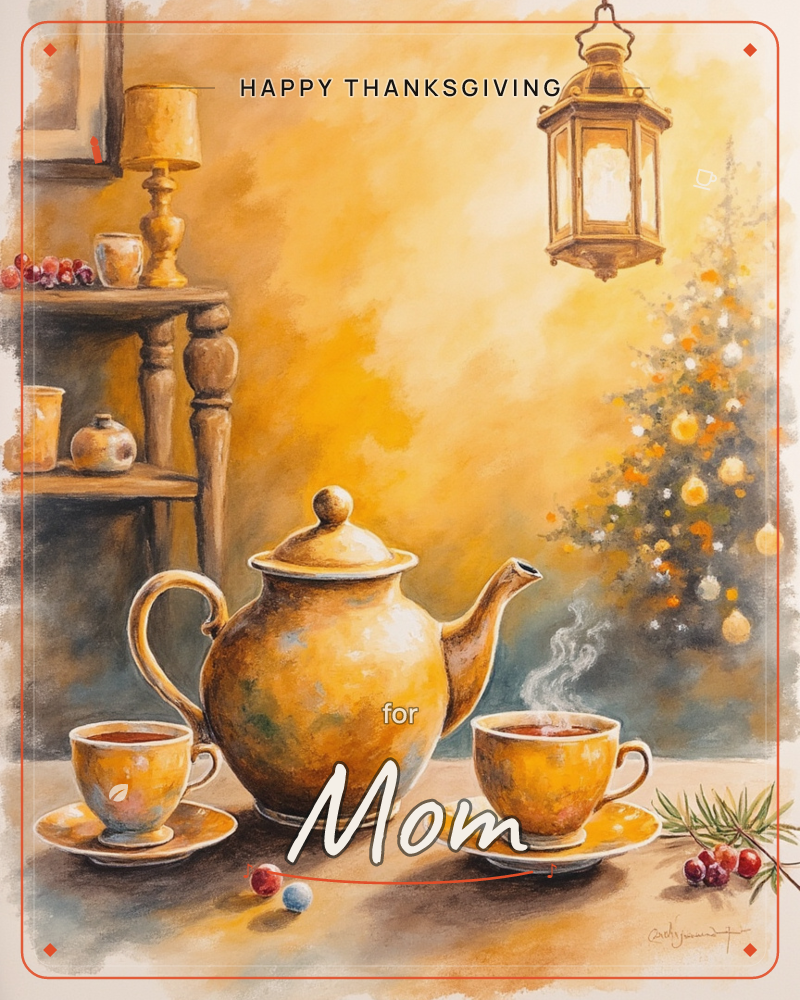 A golden-lit still life shows a rounded teapot flanked by two steaming teacups on saucers, set on a wooden table beside a small wooden shelf holding a…, a thanksgiving e-card design
